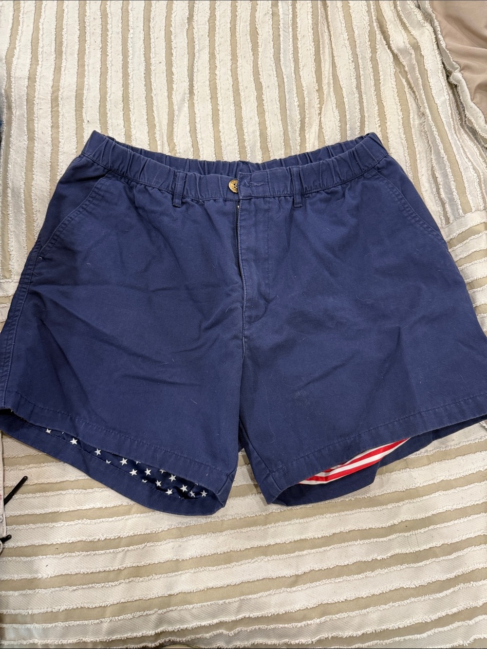 chubbies Navy Blue Flat-Front Shorts with Patriotic Liner